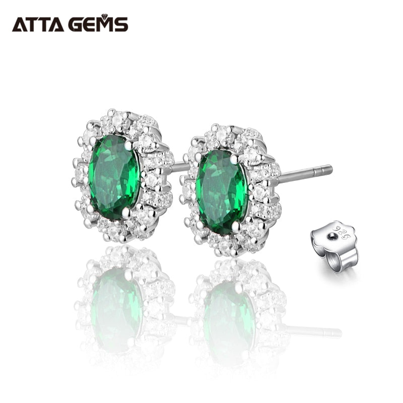 ATTAGEMS 100% 925 Sterling Silver rhodium plating Oval Cutting Emerald Moissanite Diamonds Gemstone Stud Earrings Fine Jewelry