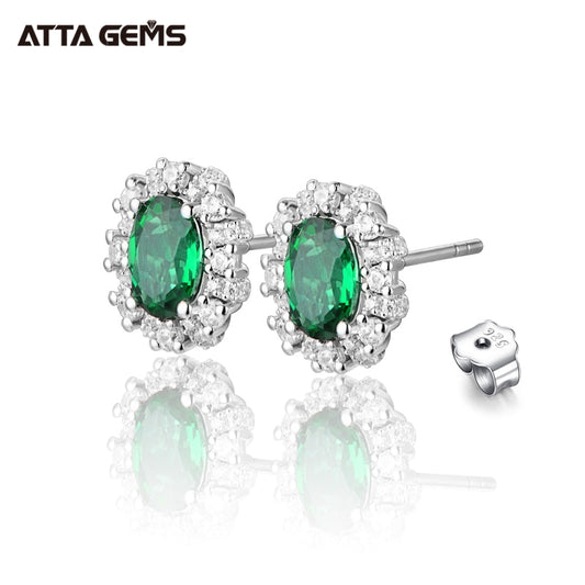 ATTAGEMS 100% 925 Sterling Silver rhodium plating Oval Cutting Emerald Moissanite Diamonds Gemstone Stud Earrings Fine Jewelry