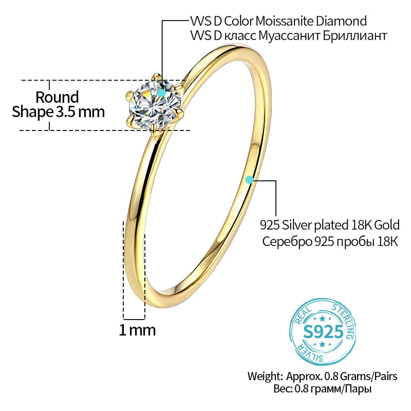 18K Yellow Gold Plated Ring for Women 0.2ct Test Past D Moissanite Diamond Solitaire Ring Wedding Band Engagement Bridal