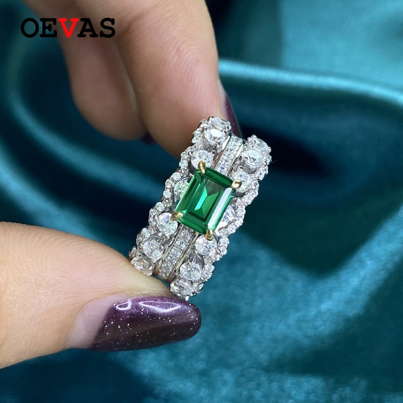 OEVAS 100% 925 Sterling Silver Sparkling Full High Carbon Diamond Emerald Finger Rings For Women Wedding Party Fine Jewelry Gift