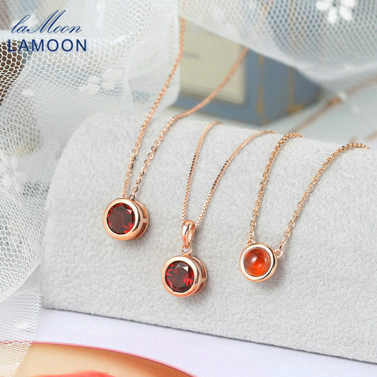 LAMOON 925 Silver Necklace For Women Natural Garnet Lucky Stone Pendant 14K Rose Gold Plated Fine Jewelry Simple Style LMNI002