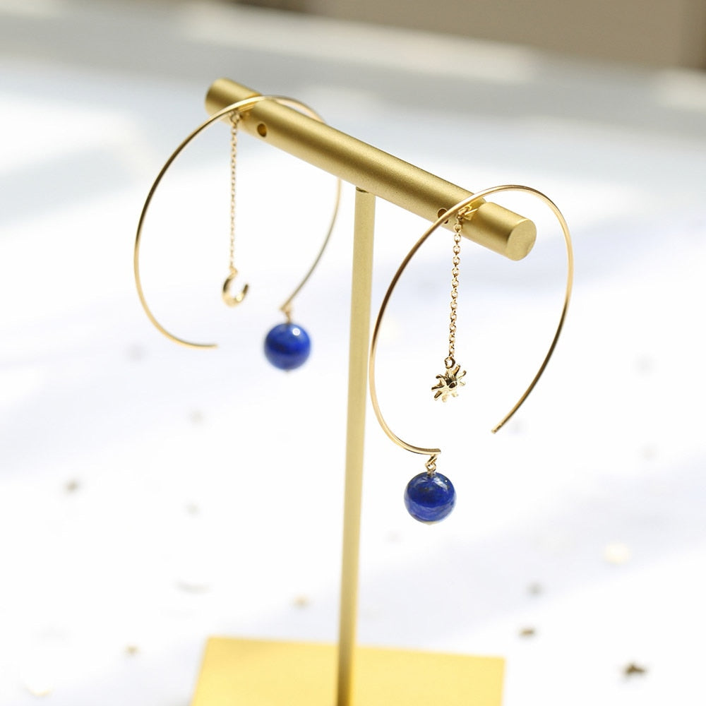 LAMOON Natural Lapis Lazuli Hoop Earrings Sun Moon Tassel Asymmetry Earring For Women 925 Sterling Silver K Gold Plated V089