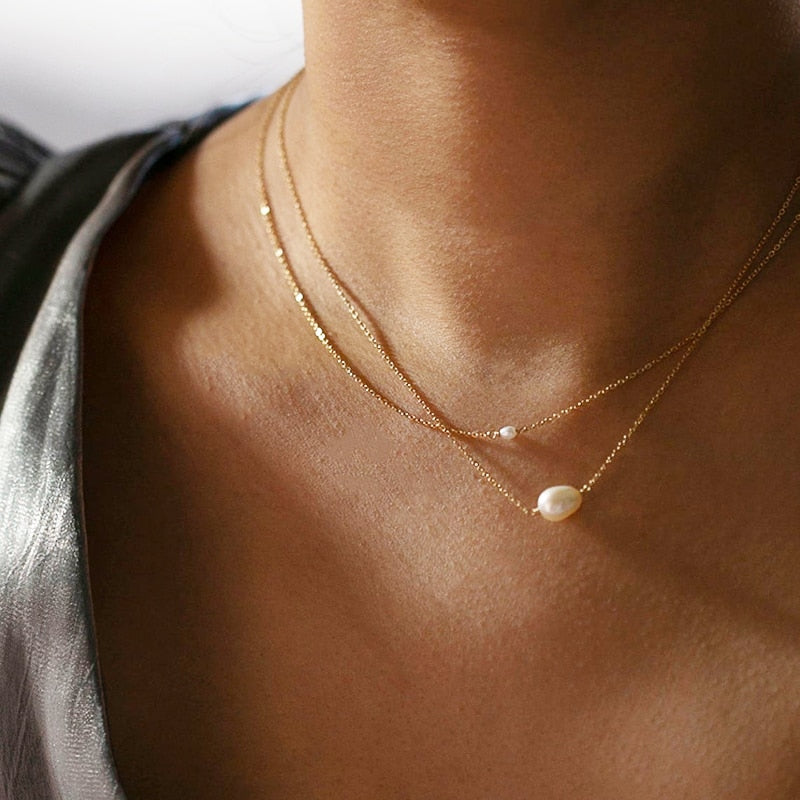 14K Gold Filled Double Layer Pearl Pendant Necklace Handmade  Choker Boho Collier Femme Kolye Collares Women Jewelry Necklace