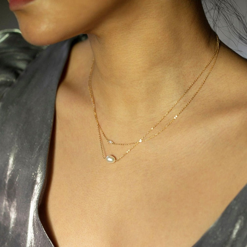 14K Gold Filled Double Layer Pearl Pendant Necklace Handmade  Choker Boho Collier Femme Kolye Collares Women Jewelry Necklace