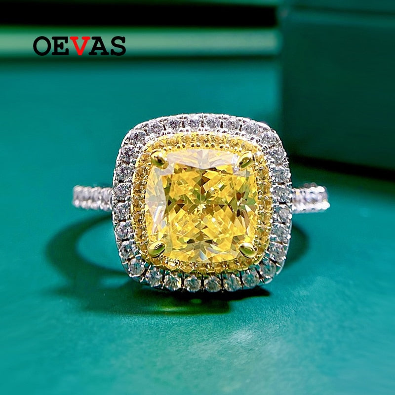 OEVAS 100% 925 Sterling Silver 8*8mm Yellow High Carbon Diamond Rings For Women Sparkling Wedding Party Fine Jewelry Wholesale