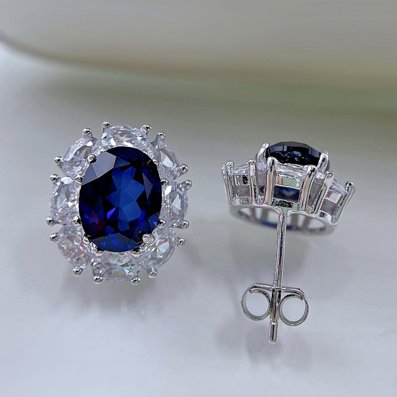 OEVAS 100% 925 Sterling Silver 7*9mm Sapphire High Carbon Diamond Stud Earrings For Women Sparkling Wedding Party Fine Jewelry