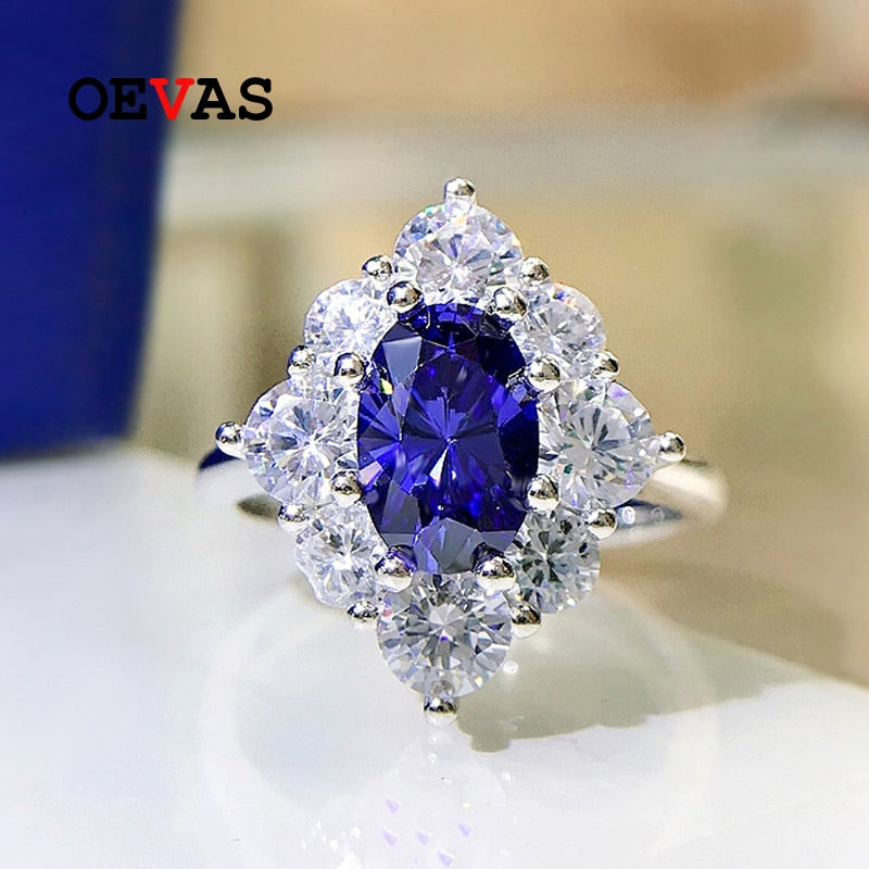 OEVAS 100% 925 Sterling Silver 6*9mm Sapphire High Carbon Diamond Rings For Women Sparkling Wedding Fine Jewelry Wholesale Gift