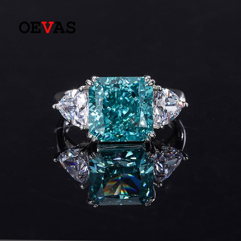 OEVAS 100% 925 Sterling Silver 10*10mm Mint Green High Carbon Diamond Rings For Women Sparkling Wedding Party Fine Jewelry Gift