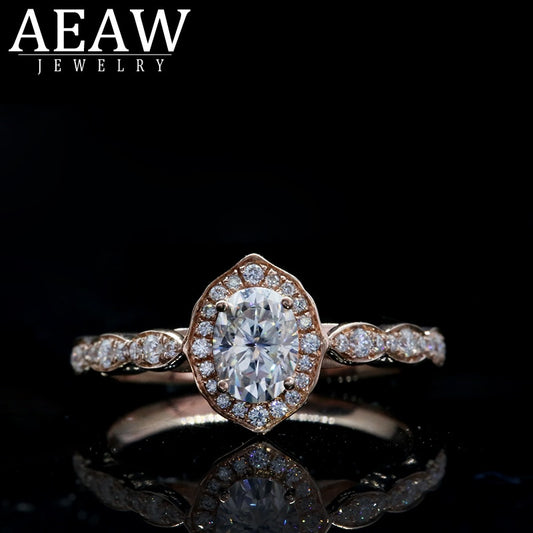 AEAW Elegant Female white 1.0ct Oval cut 14k yellow gold Jewelry Vintage Wedding Rings For Women moissanite stones Gift