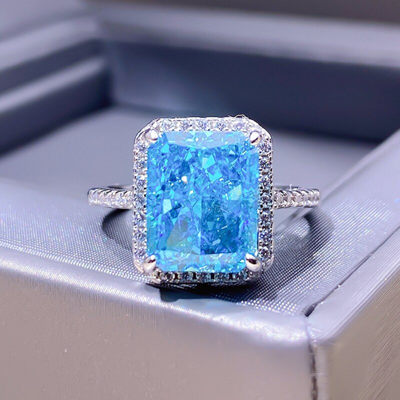 OEVAS 100% 925 Sterling Silver Aquamarine Wedding Rings For Women Sparkling High Carbon Diamond Party Fine Jewelry Wholesale