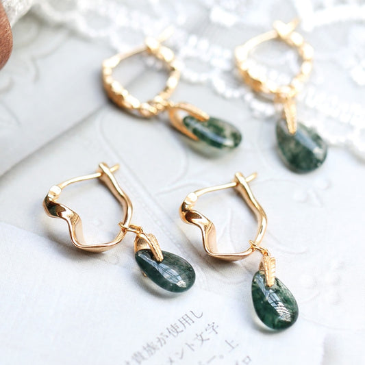 LAMOON Natural Moss Green Agate Earrings For Women Vintage Gemstone Drop Earring 925 Sterling Silver K Gold Plated Jewelry