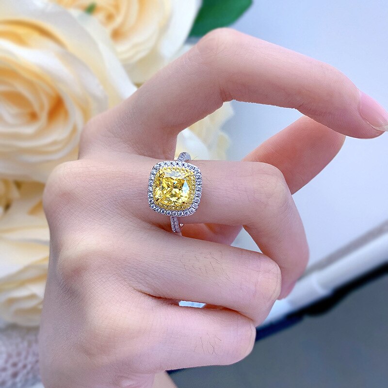 OEVAS 100% 925 Sterling Silver 8*8mm Yellow High Carbon Diamond Rings For Women Sparkling Wedding Party Fine Jewelry Wholesale