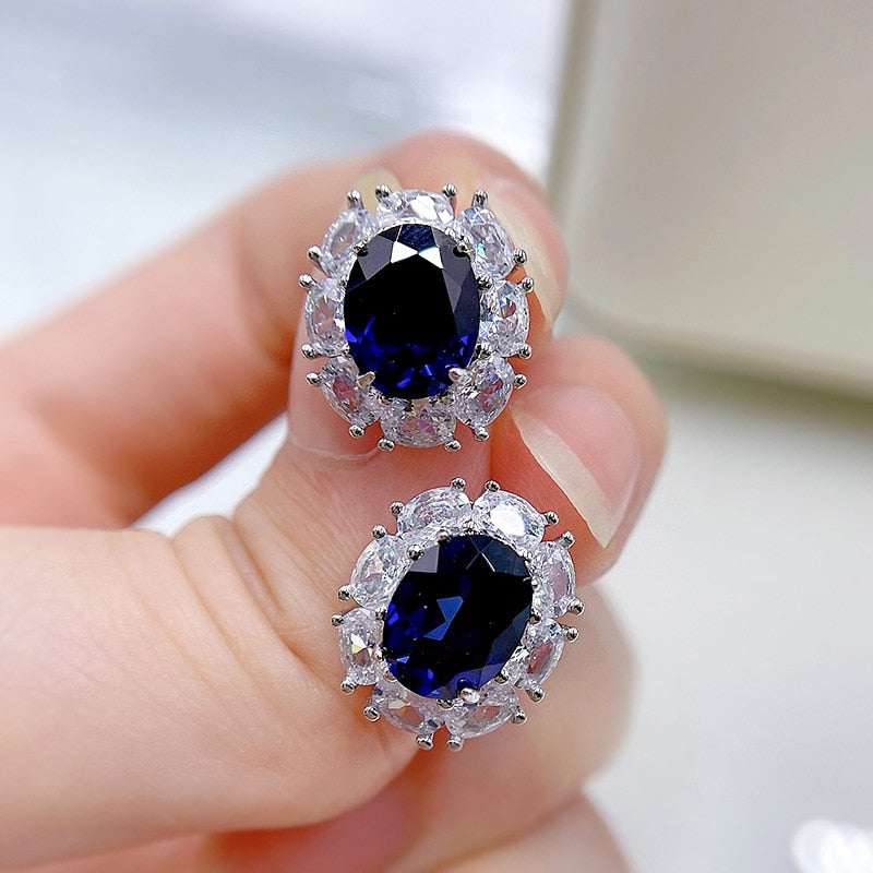 OEVAS 100% 925 Sterling Silver 7*9mm Sapphire High Carbon Diamond Stud Earrings For Women Sparkling Wedding Party Fine Jewelry