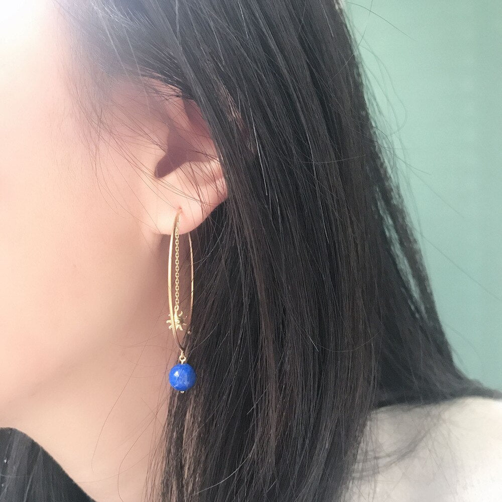 LAMOON Natural Lapis Lazuli Hoop Earrings Sun Moon Tassel Asymmetry Earring For Women 925 Sterling Silver K Gold Plated V089