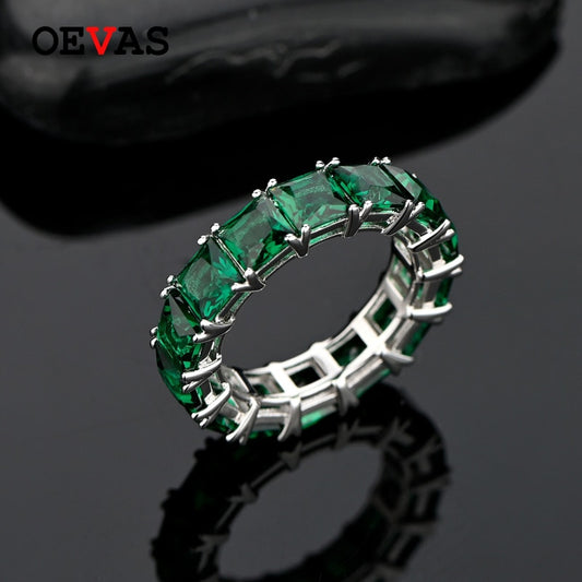 OEVAS 100% 925 Sterling Silver 1 Row 5*5mm Square Green Blue 5A Zircon Rings For Women Engagement Party Fine Jewelry Wholesale