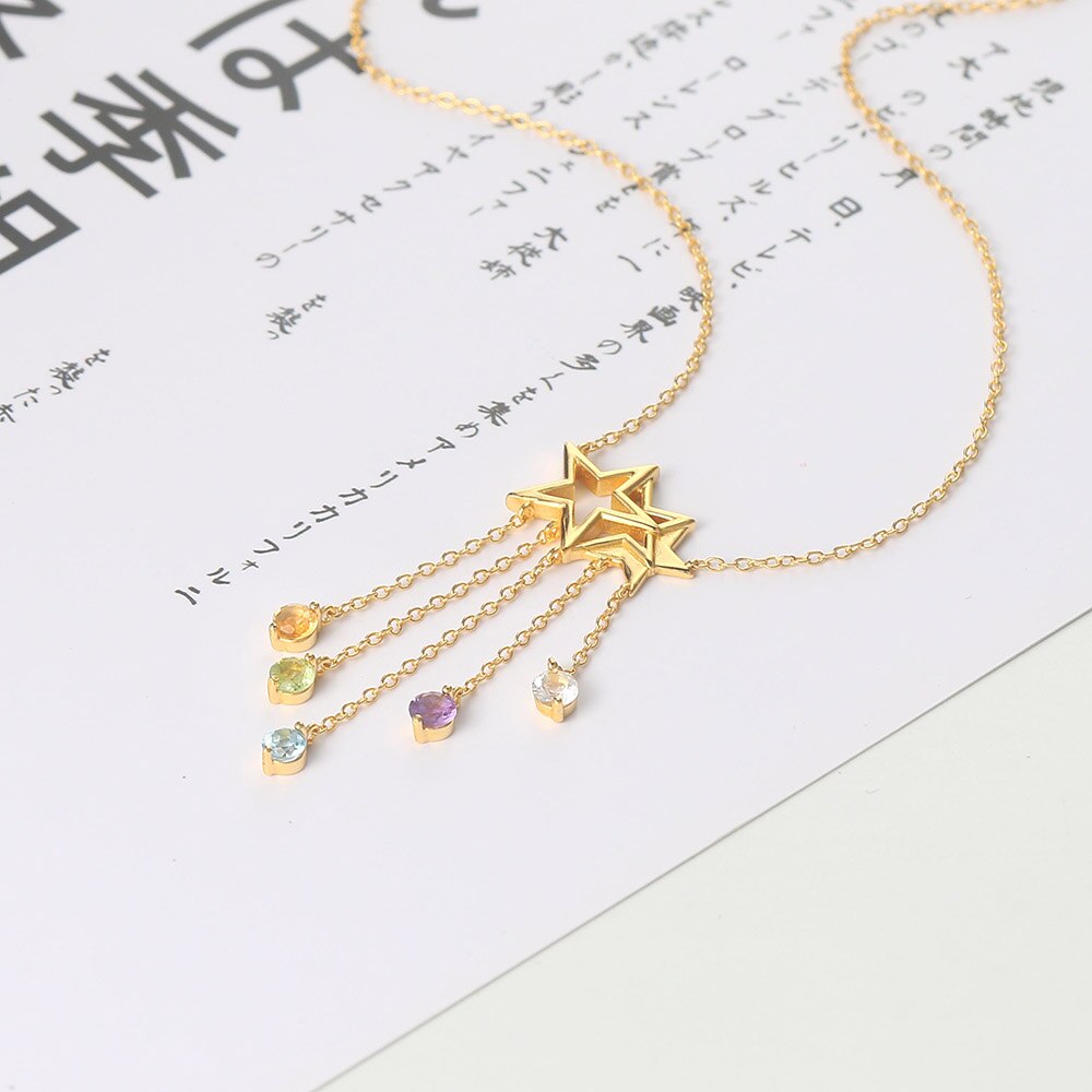 LAMOON 925 Sterling Silver NecklaceStar Tassel Shooting Star Gemstone Pendant 14K Gold Plated Fine Jewelry For Women LMNI098