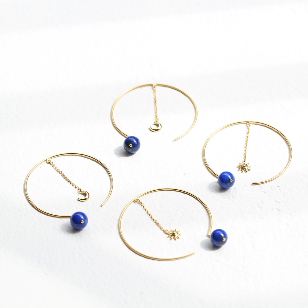 LAMOON Natural Lapis Lazuli Hoop Earrings Sun Moon Tassel Asymmetry Earring For Women 925 Sterling Silver K Gold Plated V089