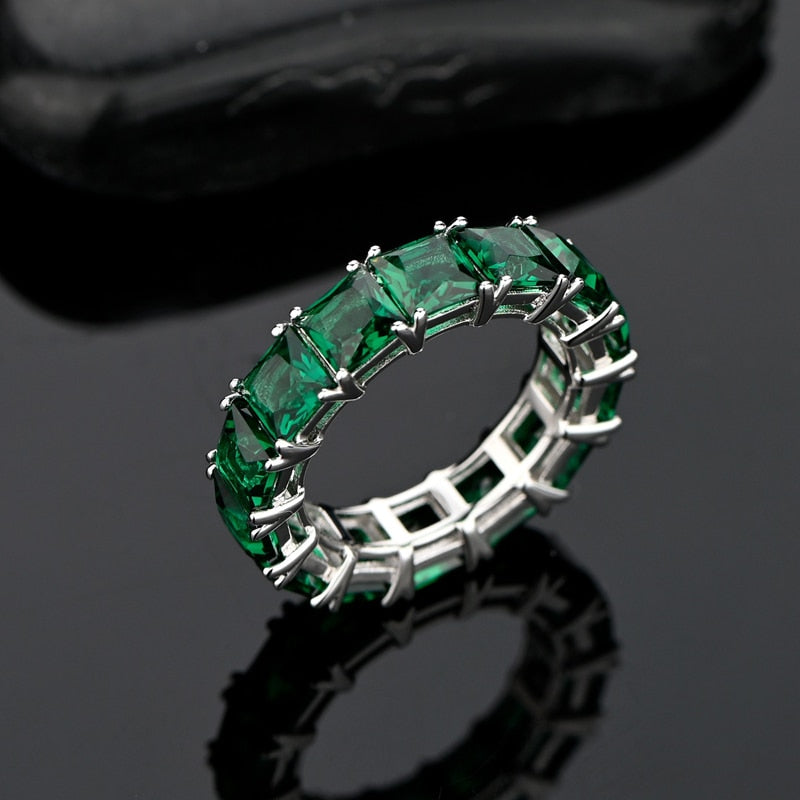 OEVAS 100% 925 Sterling Silver 1 Row 5*5mm Square Green Blue 5A Zircon Rings For Women Engagement Party Fine Jewelry Wholesale