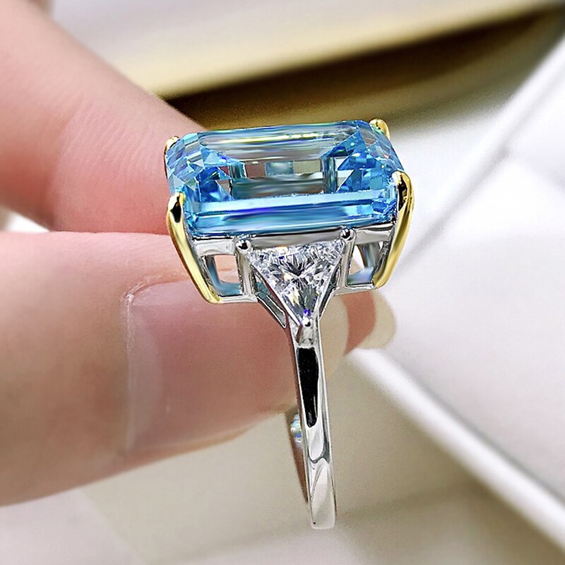 OEVAS 100% 925 Sterling Silver Sparkling 10*14mm Aquamarine 5A Zircon Rings For Women Party High Carbon Diamond Fine Jewelry