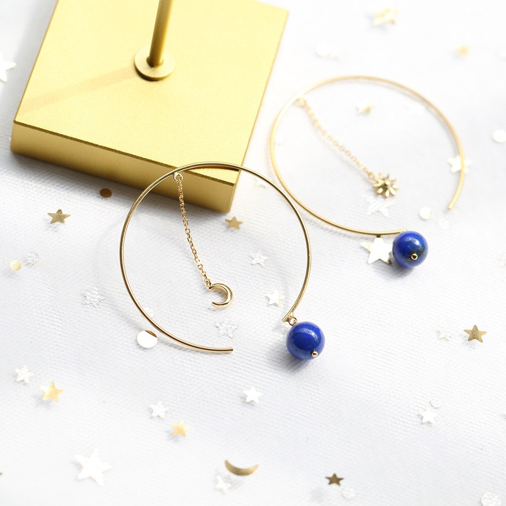 LAMOON Natural Lapis Lazuli Hoop Earrings Sun Moon Tassel Asymmetry Earring For Women 925 Sterling Silver K Gold Plated V089