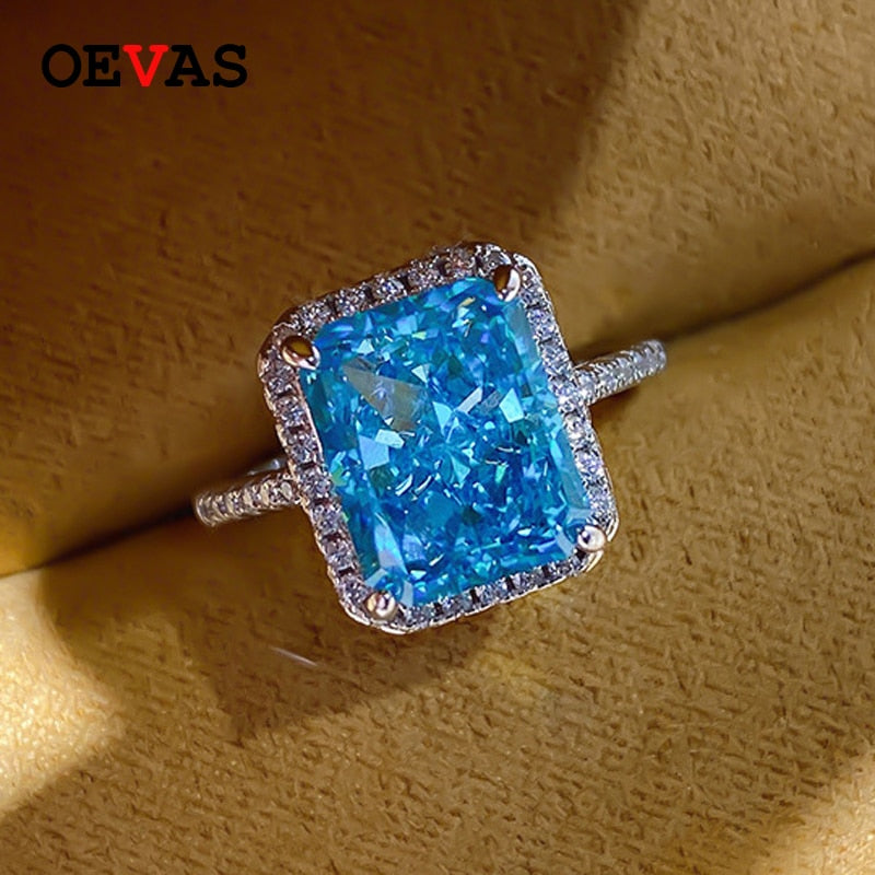 OEVAS 100% 925 Sterling Silver Aquamarine Wedding Rings For Women Sparkling High Carbon Diamond Party Fine Jewelry Wholesale