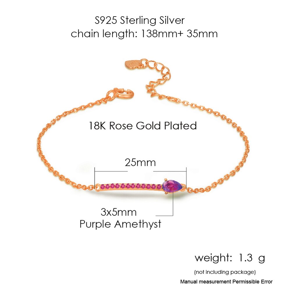 LAMOON 925 Silver Elegant Bracelet For Women Water Drop Natural Amethyst Gemstone 18K Rose Gold Plated Fine Jewelry LMHI049