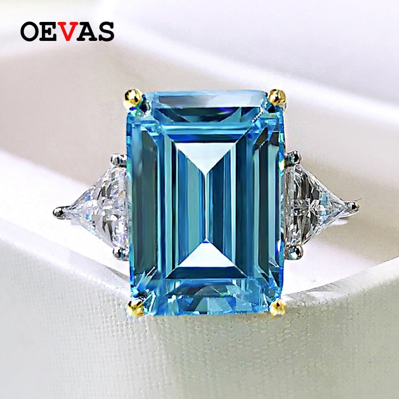 OEVAS 100% 925 Sterling Silver Sparkling 10*14mm Aquamarine 5A Zircon Rings For Women Party High Carbon Diamond Fine Jewelry