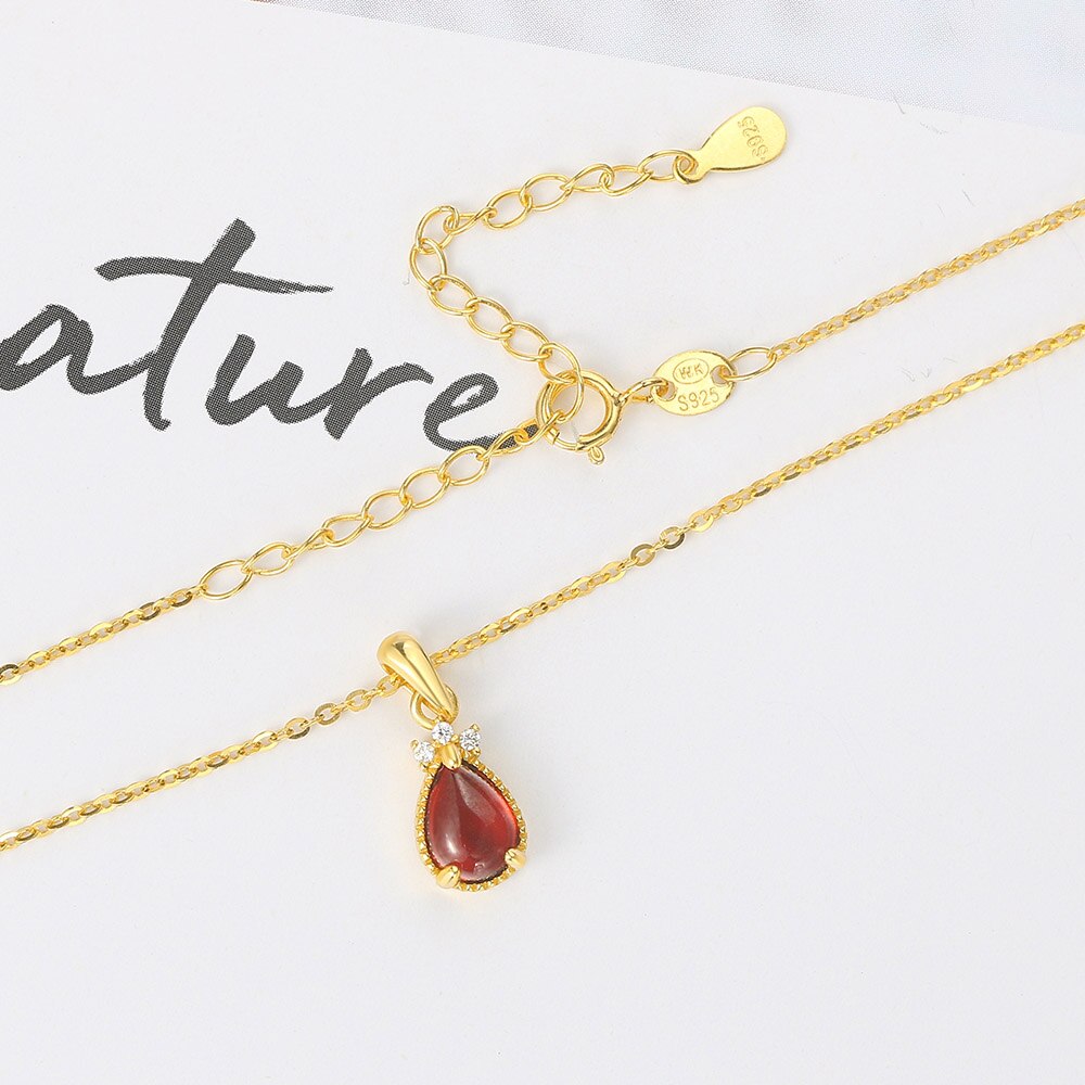 LAMOON Lovely Goldfish Pendant Necklace For Women Natural Waterdrop Garnet Gemstone 925 Silver 14K Gold Plated Jewelry LMNI123