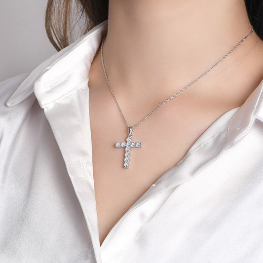 Attagems Handmade Cross Pendant Moissanite Solid Sterling 925 Silver Necklace For Women Luxury Jewelry for Engagement Christmas