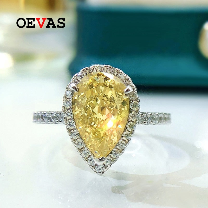 OEVAS 100% 925 Sterling Silver 7*11mm Yellow Water Drop High Carbon Diamond Radiant Rings For Women Sparkling Party Fine Jewelry