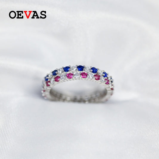 OEVAS 100% 925 Sterling Silver Ruby Sapphire Sparkling High Carbon Diamond Finger Rings For Women Party Fine Jewelry Wholesale