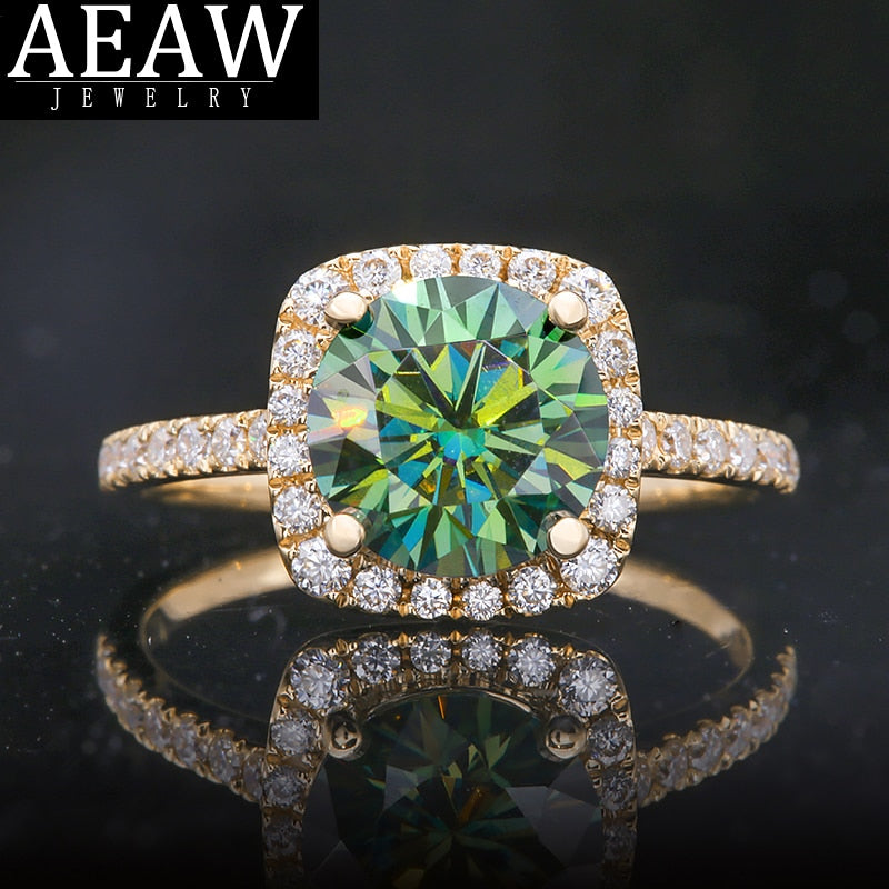 2.0carat 8mm Malachite Green Excellent Round Cut Moissanite Engagement Wedding Ring for Women Real 14k Yellow Gold Certificated