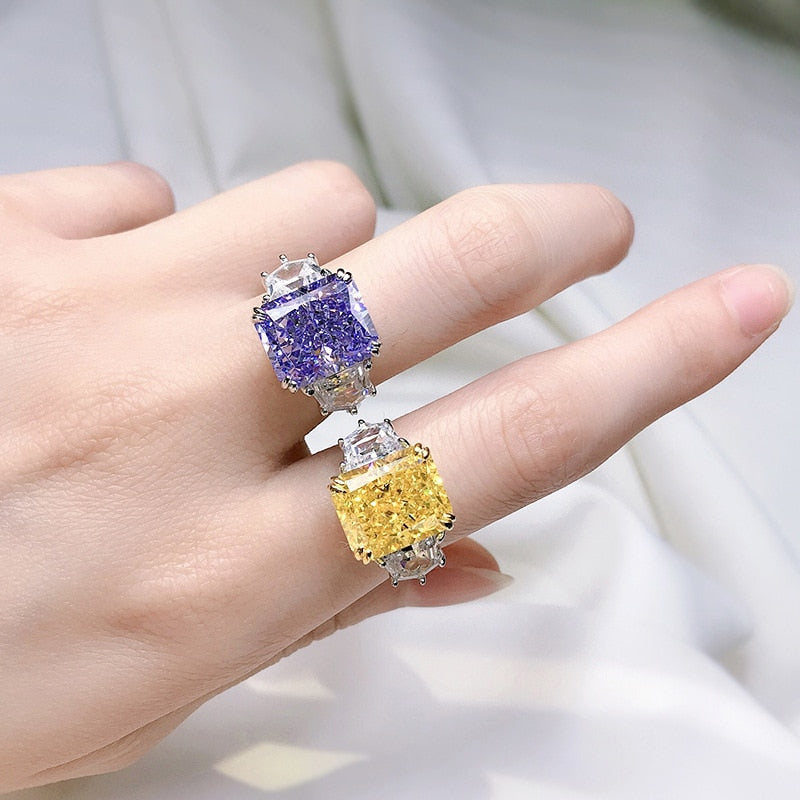 OEVAS 100% 925 Sterling Silver 10*12mm Purple Yellow High Carbon Diamond Ice Flower Cut Rings For Women Sparkling Fine Jewelry