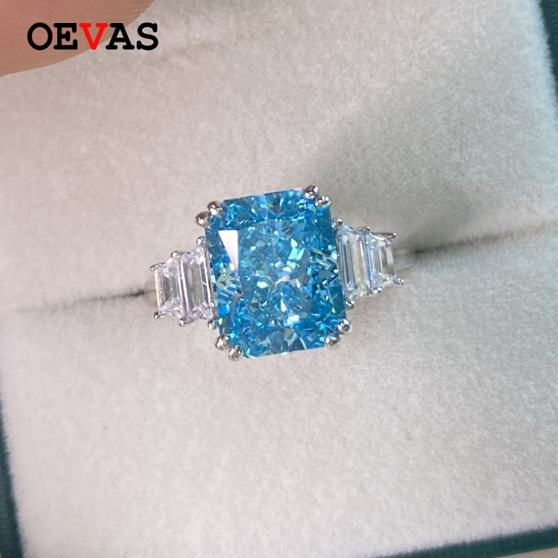 OEVAS 100% 925 Sterling Silver Aquamarine Wedding Rings For Women Sparkling High Carbon Diamond Engagement Party Fine Jewelry