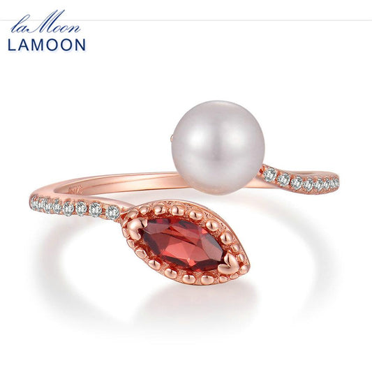 LAMOON Natural Red Garnet Freshwater Pearl 925 Sterling Silver Jewelry Wedding Ring with Rose Gold Plated S925 For Women LMRI048