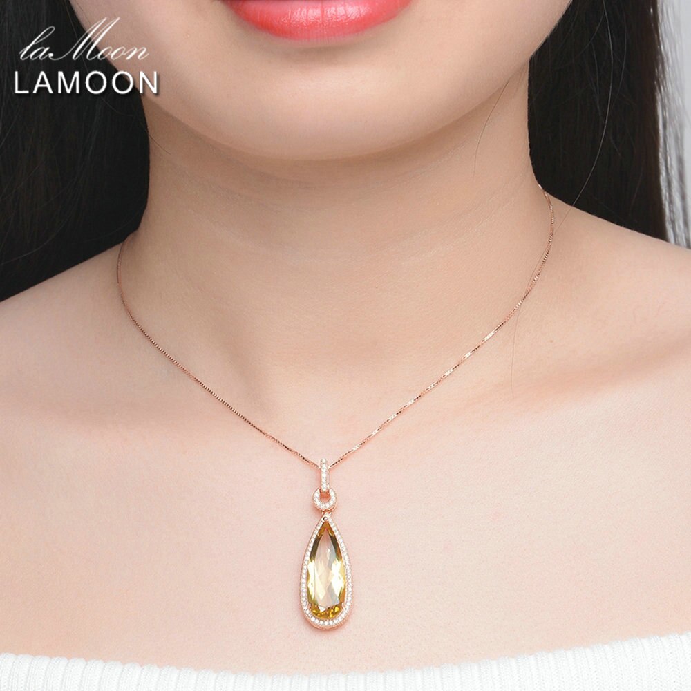 Lamoon Luxury Natural TearDrop Citrine 925 Sterling Silver Chain Pendant Necklace Women Jewelry  S925 LMNI042