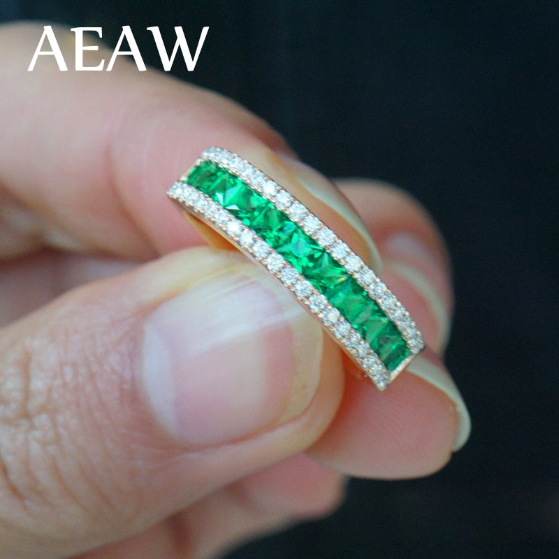 AEAW Lab created Colombian Green Emerald Princess Gemstone Solitaire with Moissanite Enagement Ring 14k White Gold Fine Ring