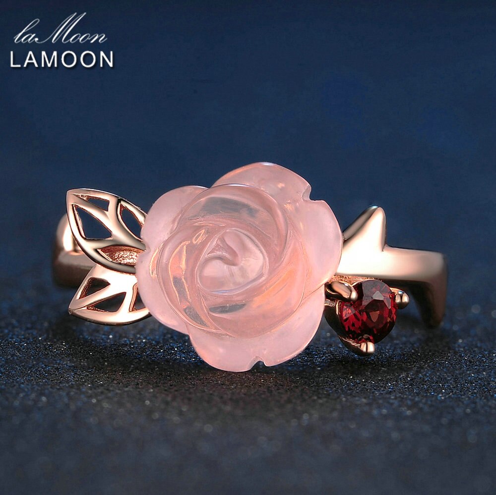 LAMOON 925 Sterling Silver Ring For Women Rose Quartz Gemstone Rose Flower 18K Rose Gold Plate Adjustable Ring  Jewelry LMRI025