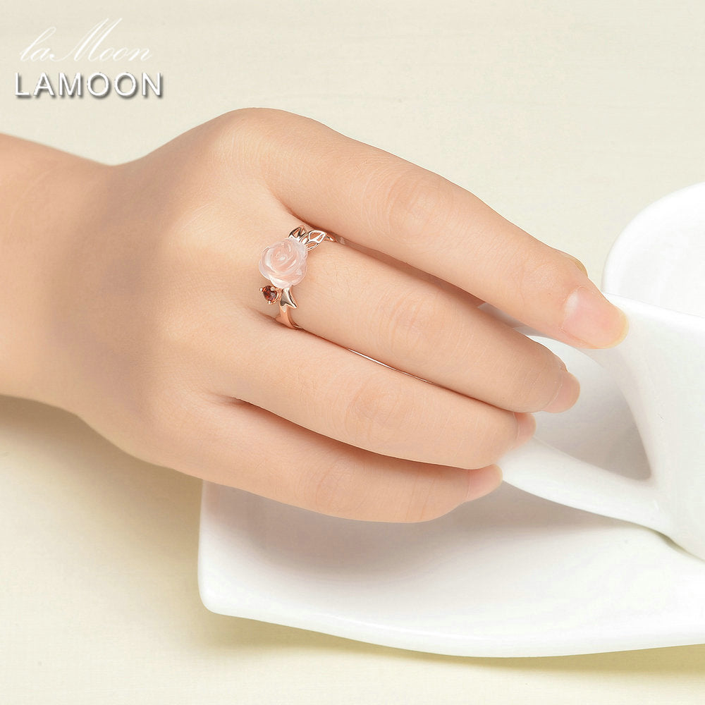 LAMOON 925 Sterling Silver Ring For Women Rose Quartz Gemstone Rose Flower 18K Rose Gold Plate Adjustable Ring  Jewelry LMRI025