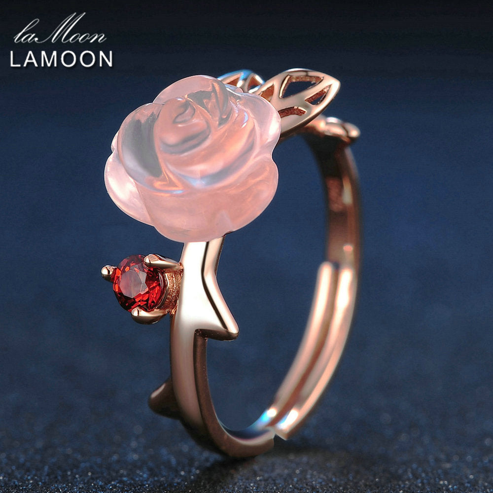 LAMOON 925 Sterling Silver Ring For Women Rose Quartz Gemstone Rose Flower 18K Rose Gold Plate Adjustable Ring  Jewelry LMRI025