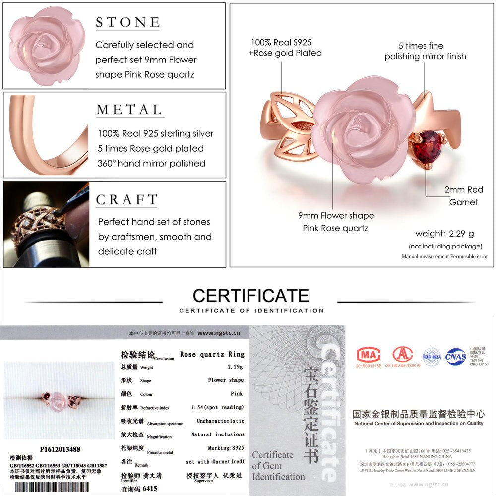 LAMOON 925 Sterling Silver Ring For Women Rose Quartz Gemstone Rose Flower 18K Rose Gold Plate Adjustable Ring  Jewelry LMRI025