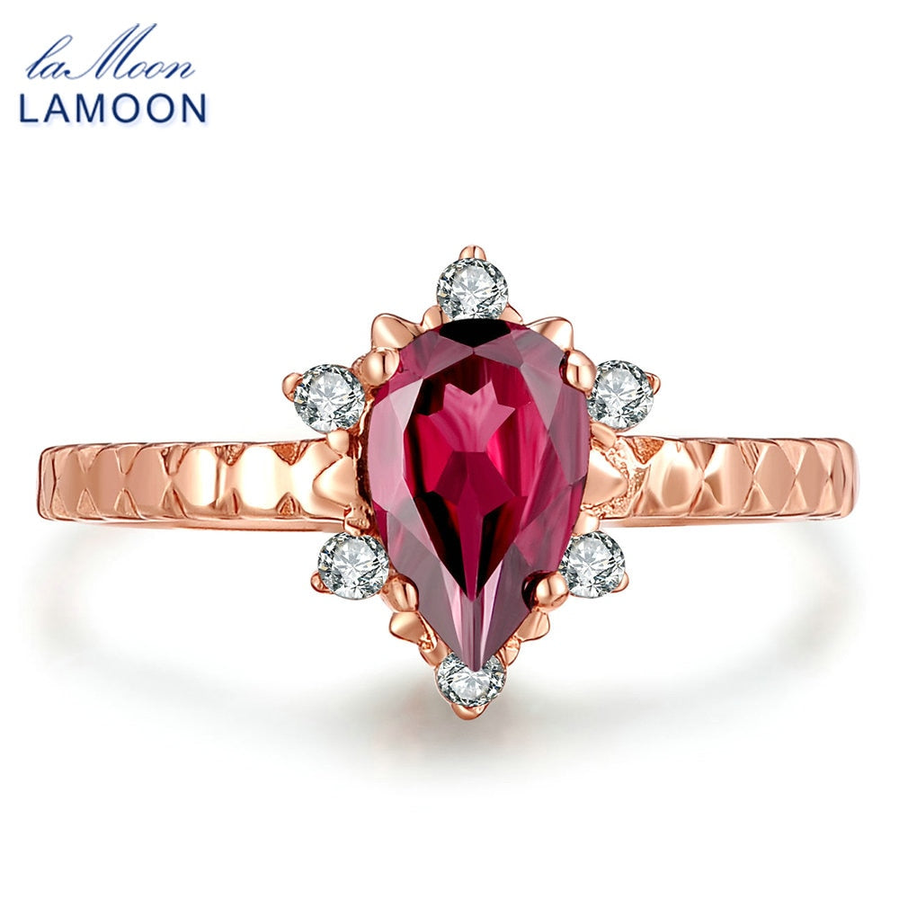 LAMOON 925 Sterling Silver Ring Garnet Gemstones Ring For Women 18K Rose Gold Plated Wedding Band Fine Jewelry LMRI024