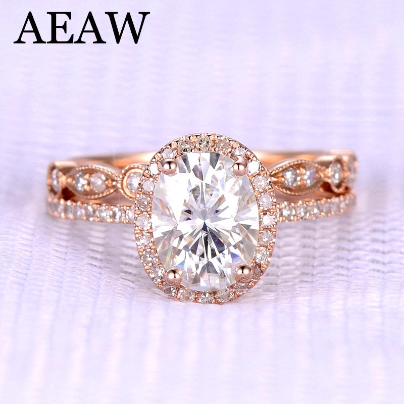 AEAW Oval Cut Engagement&Wedding Moissanite Diamond Ring Set Halo Ring Genuine 10K/14K Rose Gold for Women Test Postive