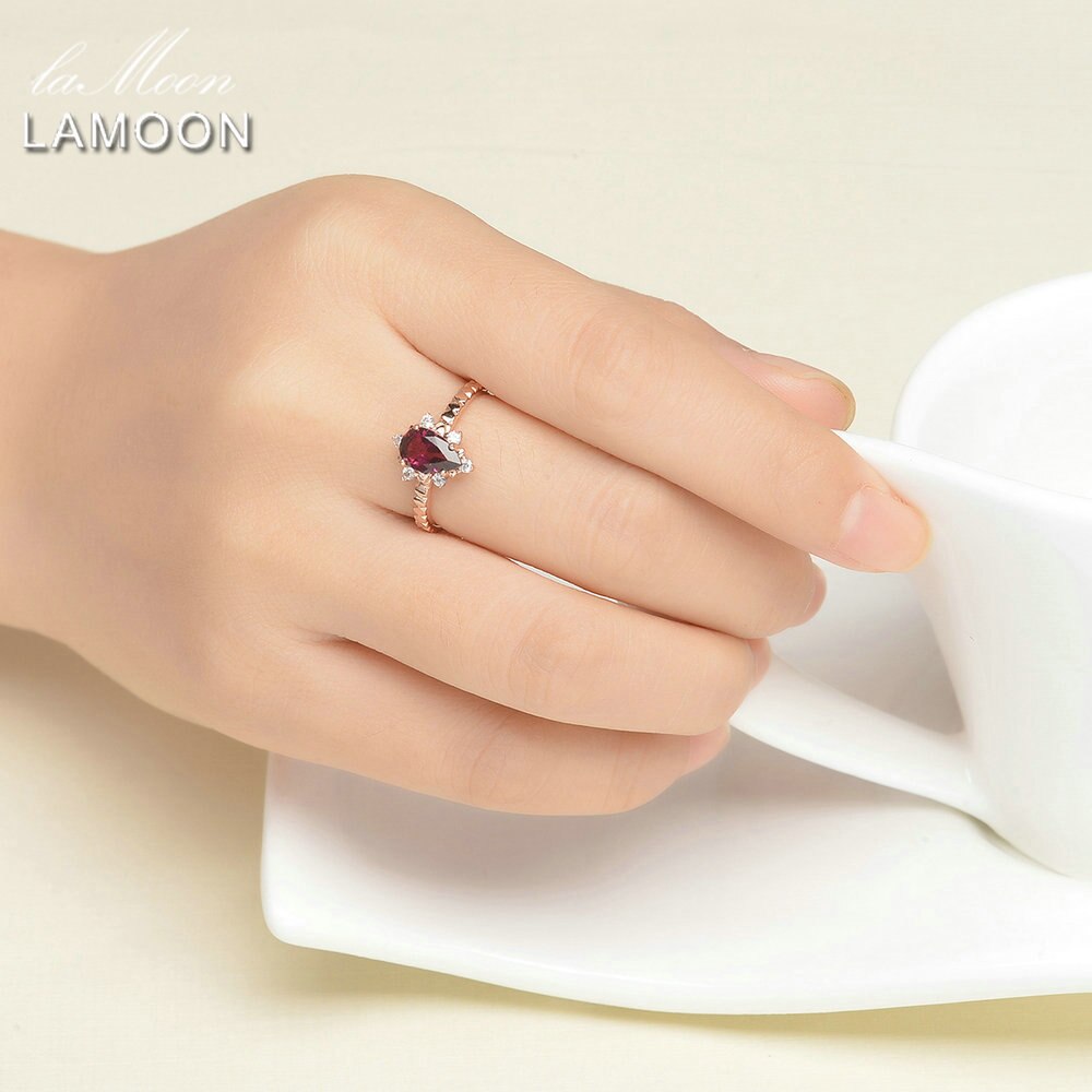 LAMOON 925 Sterling Silver Ring Garnet Gemstones Ring For Women 18K Rose Gold Plated Wedding Band Fine Jewelry LMRI024