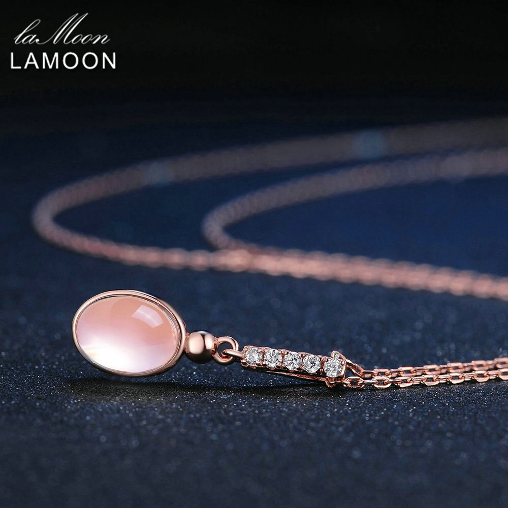 LAMOON 925 Sterling Silver Necklace Gemstone Oval Rose Quartz Pendant Necklace 18K Rose Gold Plated Fine Jewelry LMNI009