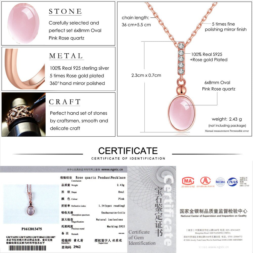 LAMOON 925 Sterling Silver Necklace Gemstone Oval Rose Quartz Pendant Necklace 18K Rose Gold Plated Fine Jewelry LMNI009