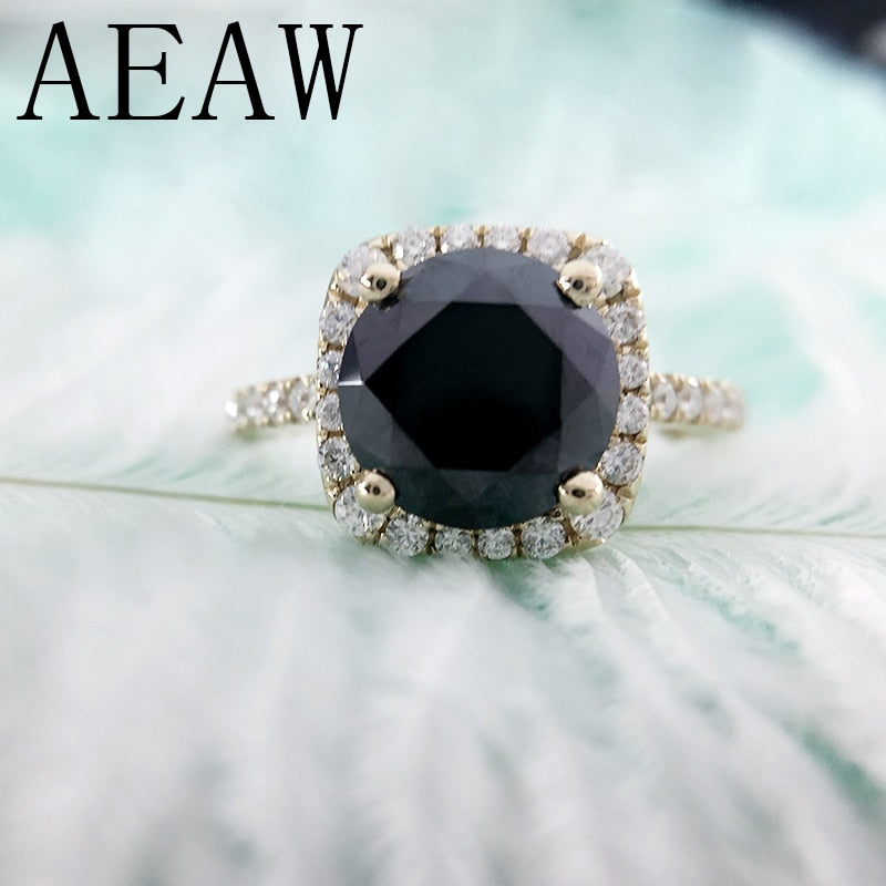 AEAW Black Round Moissanite 2carat 8MM lab Diamond Solitaire Wedding Engagement Halo Ring in 10K Yellow Gold for Women