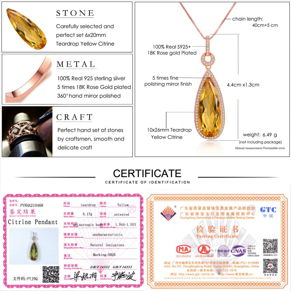 Lamoon Luxury Natural TearDrop Citrine 925 Sterling Silver Chain Pendant Necklace Women Jewelry  S925 LMNI042