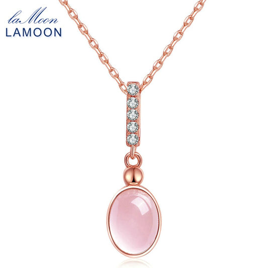 LAMOON 925 Sterling Silver Necklace Gemstone Oval Rose Quartz Pendant Necklace 18K Rose Gold Plated Fine Jewelry LMNI009