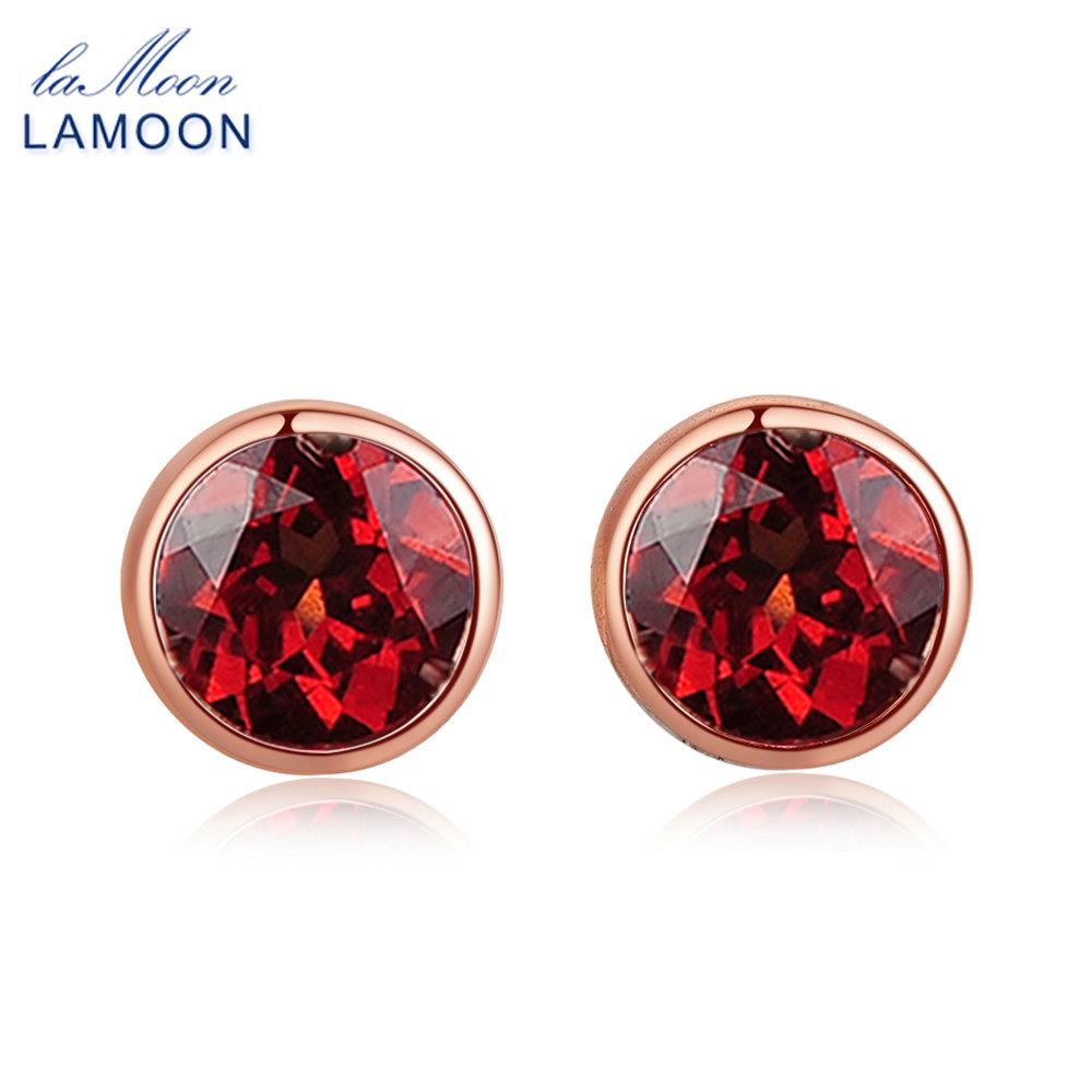 Lamoon Classic 5mm 1ct 100% Round Natural Red Garnet 925 Sterling Silver Jewelry   Stud Earrings S925 LMEI016